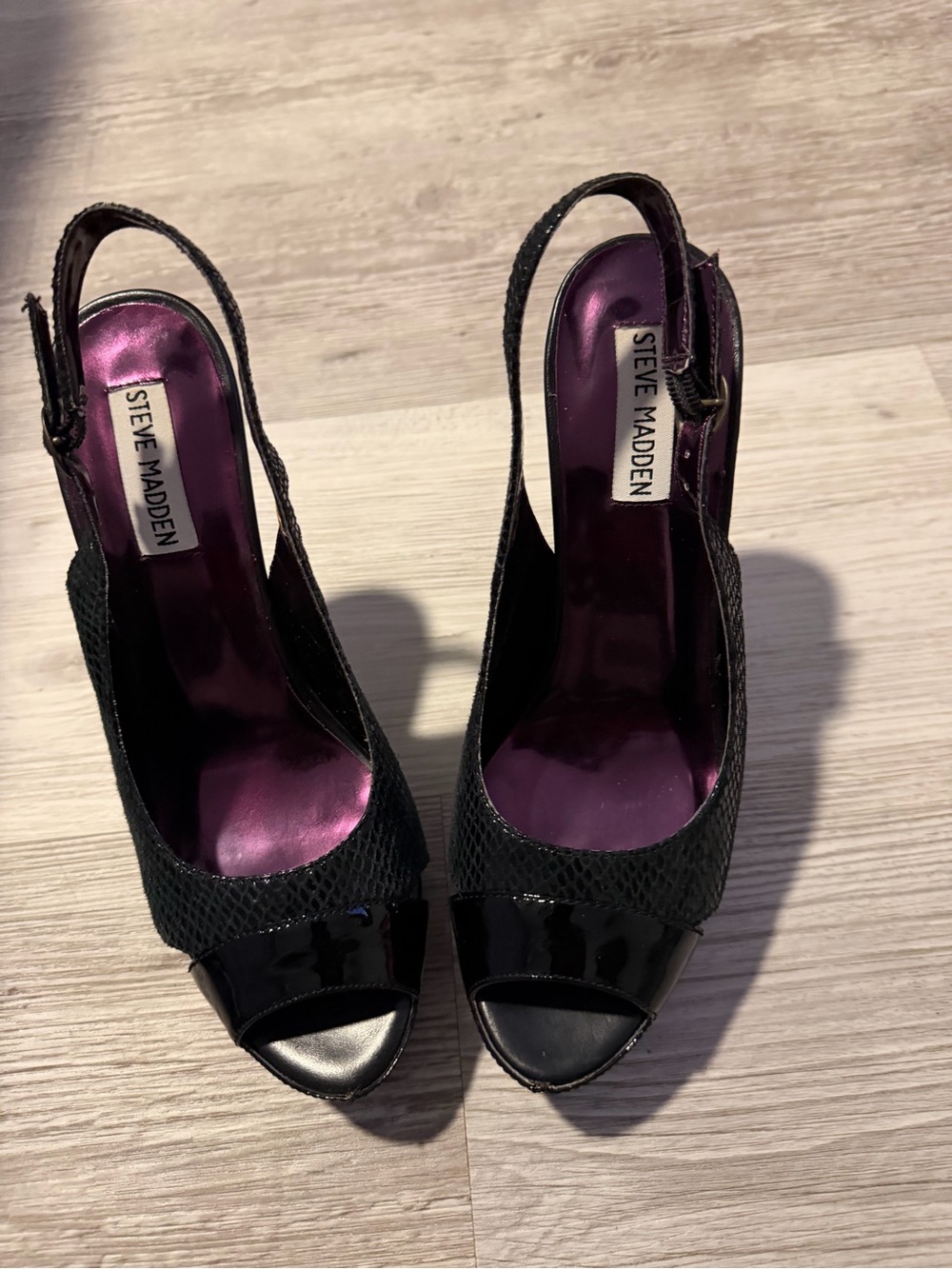 Steve Madden Black Slingback Peep Toe Heels with Purple Insole